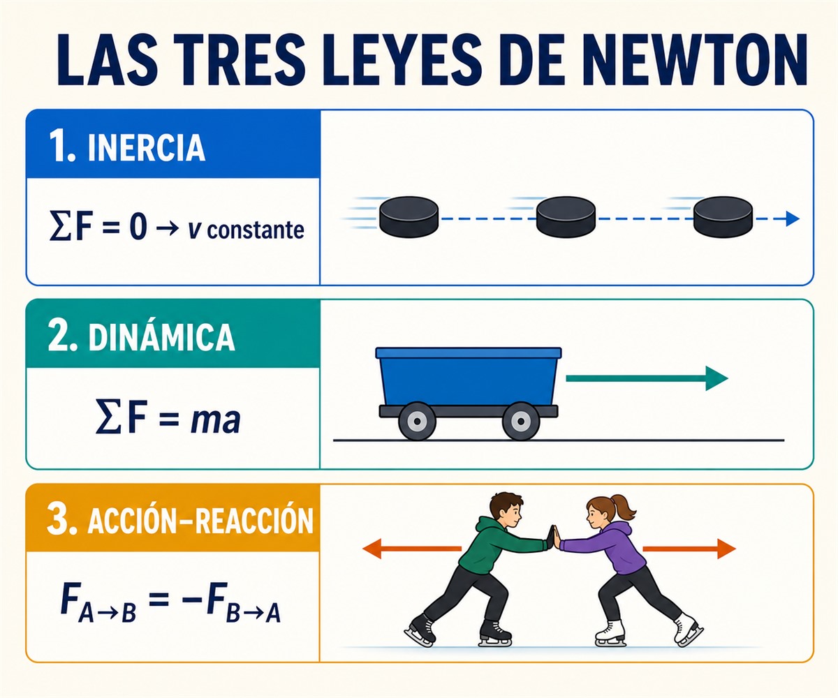 Infografía comparativa de las tres leyes de Newton: inercia, relación entre fuerza y aceleración, y acción-reacción.