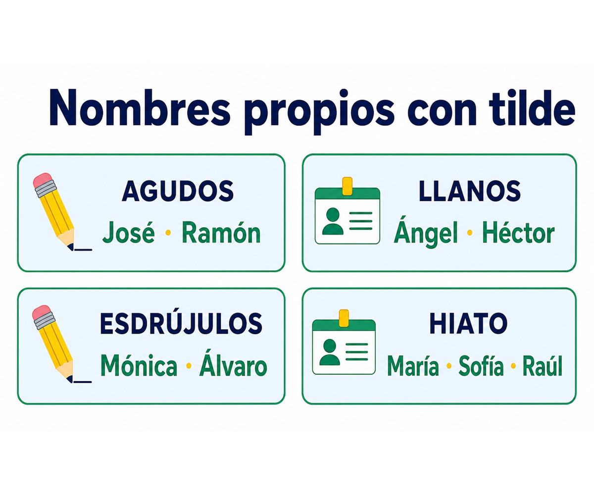 Infografía con ejemplos de nombres propios agudos, llanos, esdrújulos y con hiato que llevan tilde.