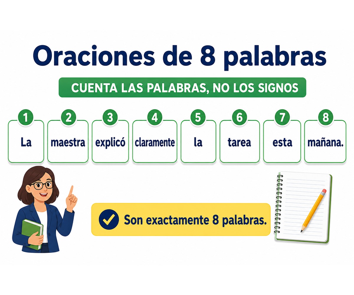 Infografía que cuenta las ocho palabras de una oración mediante bloques numerados.
