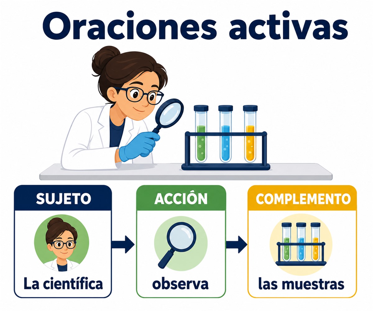 Infografía de una oración activa que identifica al sujeto que realiza la acción y al complemento que la recibe.