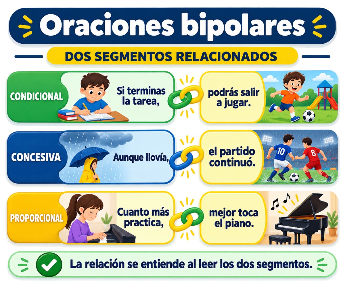Infografía de oraciones bipolares con relaciones condicional, concesiva y proporcional.