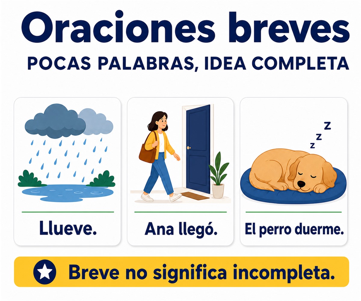Infografía de oraciones breves que expresan una idea completa con pocas palabras.
