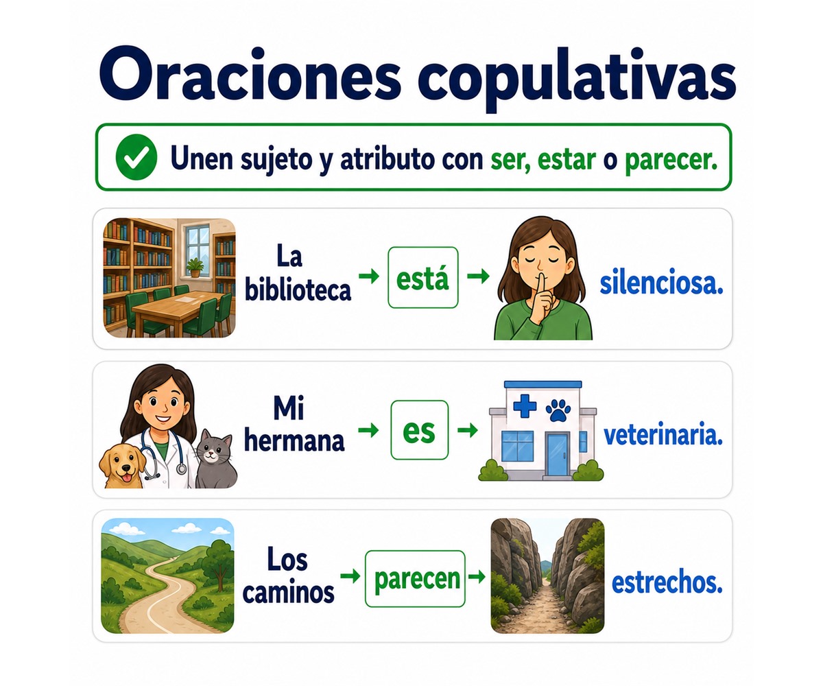 Infografía de oraciones copulativas que relacionan sujeto y atributo con ser, estar o parecer.