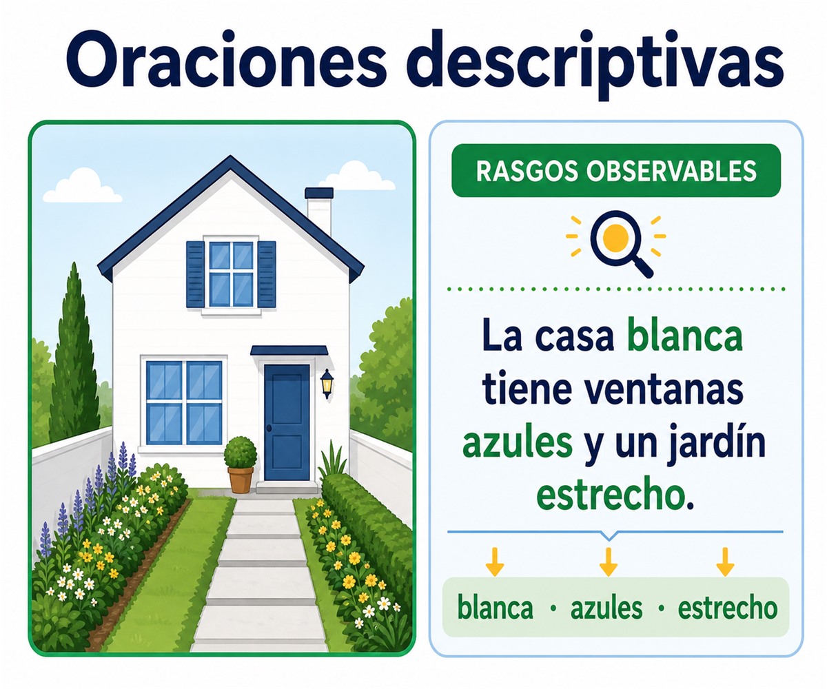 Infografía que identifica los rasgos observables en una oración descriptiva sobre una casa.
