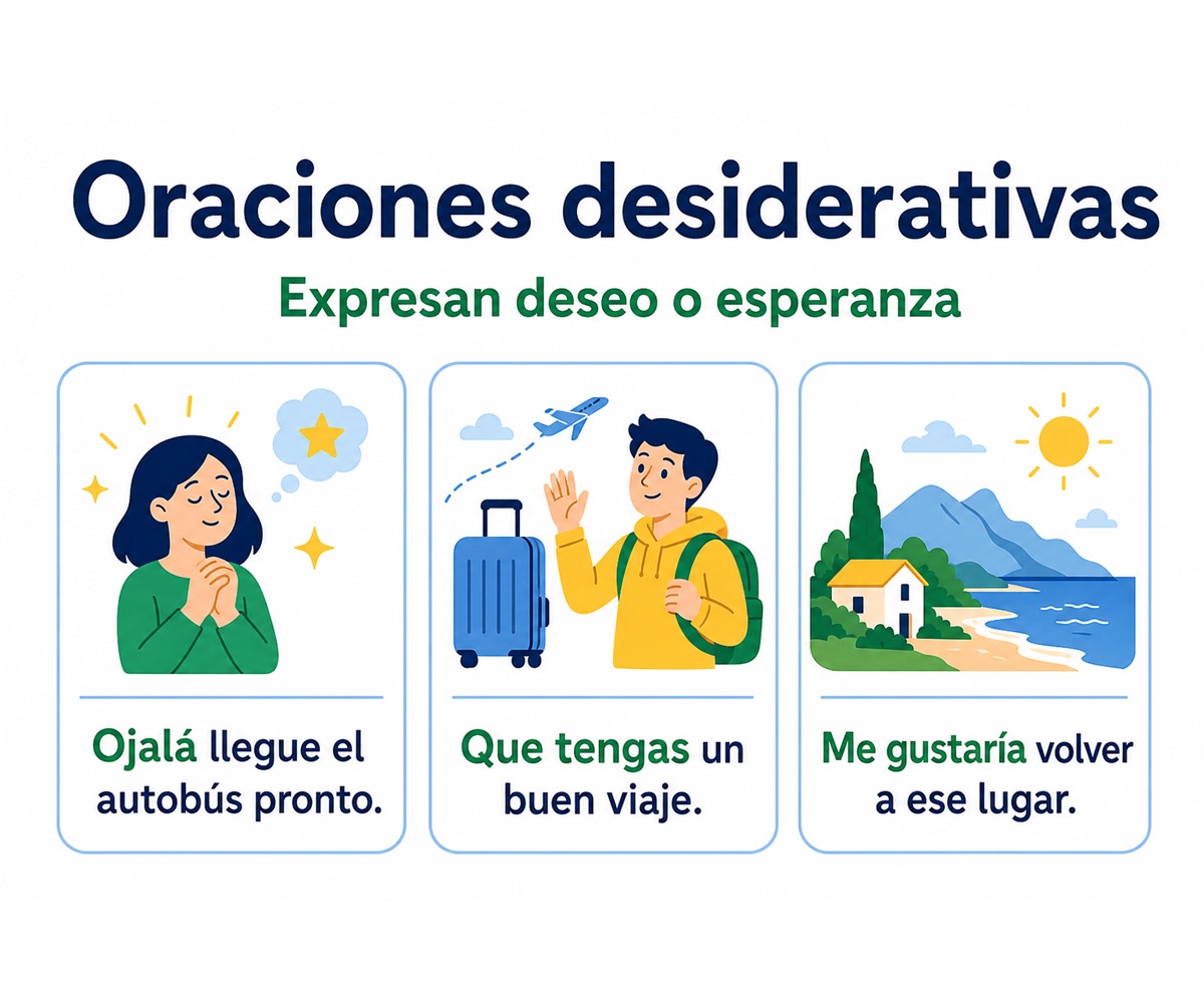 Infografía de oraciones desiderativas: ojalá, que tengas y me gustaría expresan deseos o esperanzas.