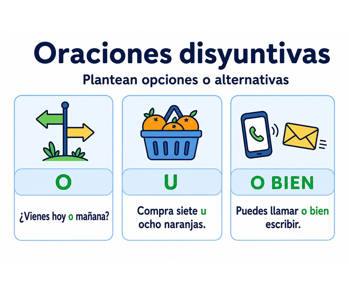 Infografía de oraciones disyuntivas con ejemplos de o, u y o bien.