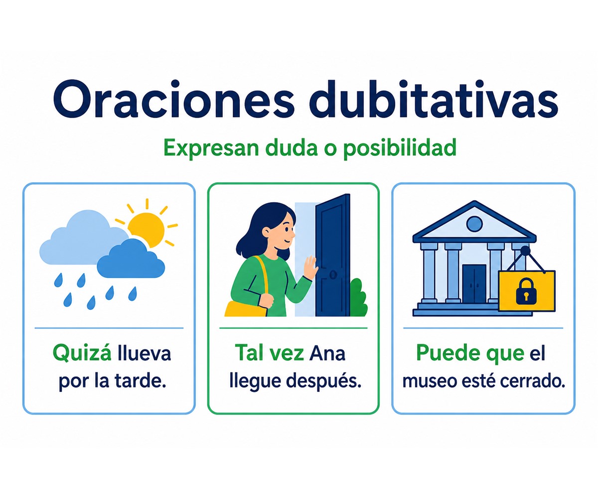 Infografía de oraciones dubitativas: quizá, tal vez y puede que expresan duda o posibilidad.