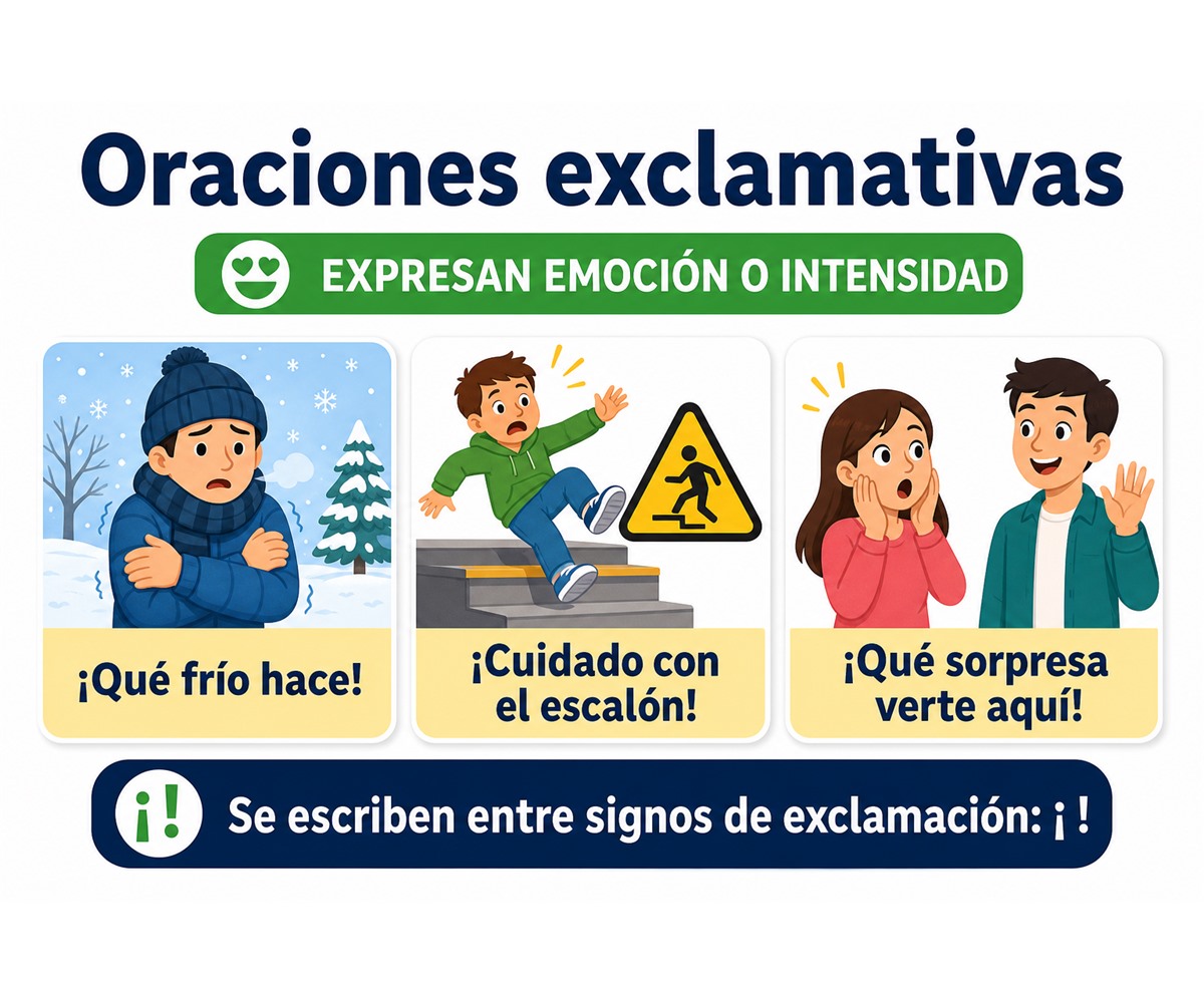 Infografía de oraciones exclamativas con ejemplos de emoción, advertencia y sorpresa.