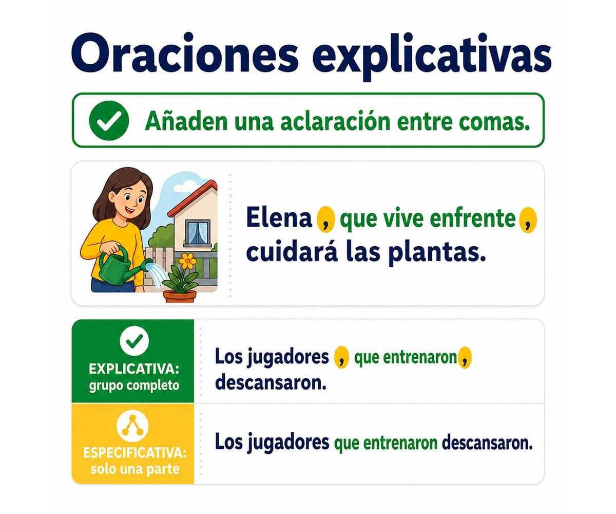 Infografía que compara oraciones explicativas entre comas con oraciones especificativas.