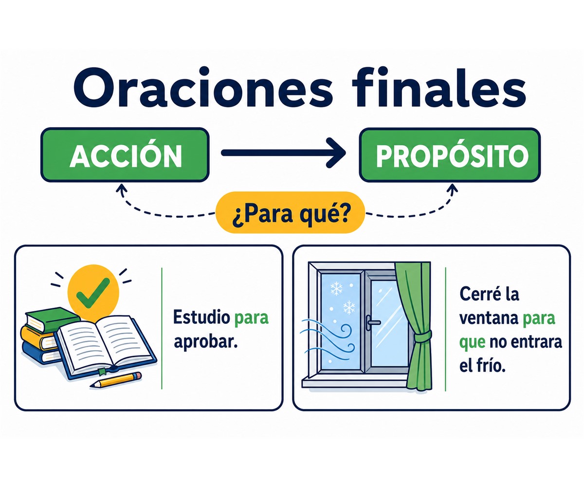 Infografía de oraciones finales que relaciona una acción con su propósito y responde a la pregunta para qué.