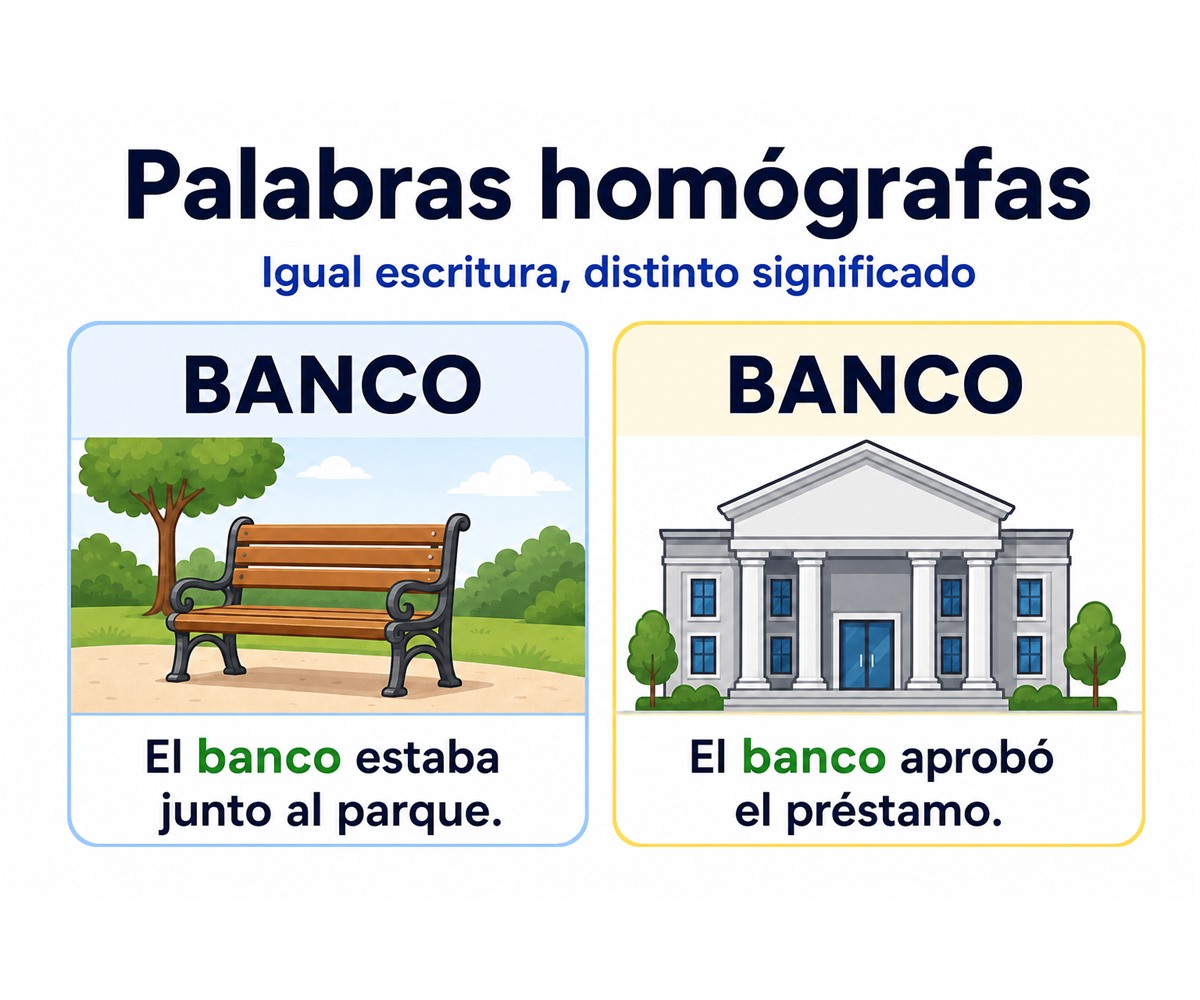 Infografía que compara dos significados de banco mediante un asiento y una entidad financiera.