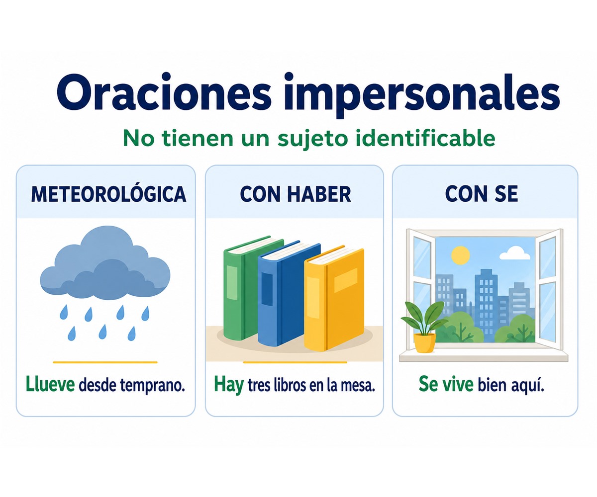 Infografía de oraciones impersonales meteorológicas, con haber y con se.