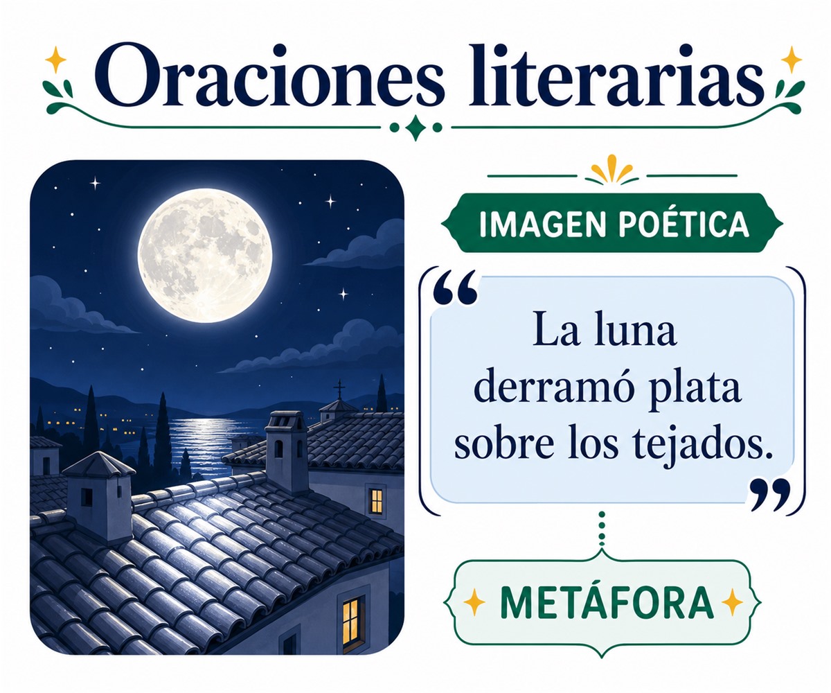 Infografía que explica una oración literaria mediante una metáfora de la luna sobre los tejados.