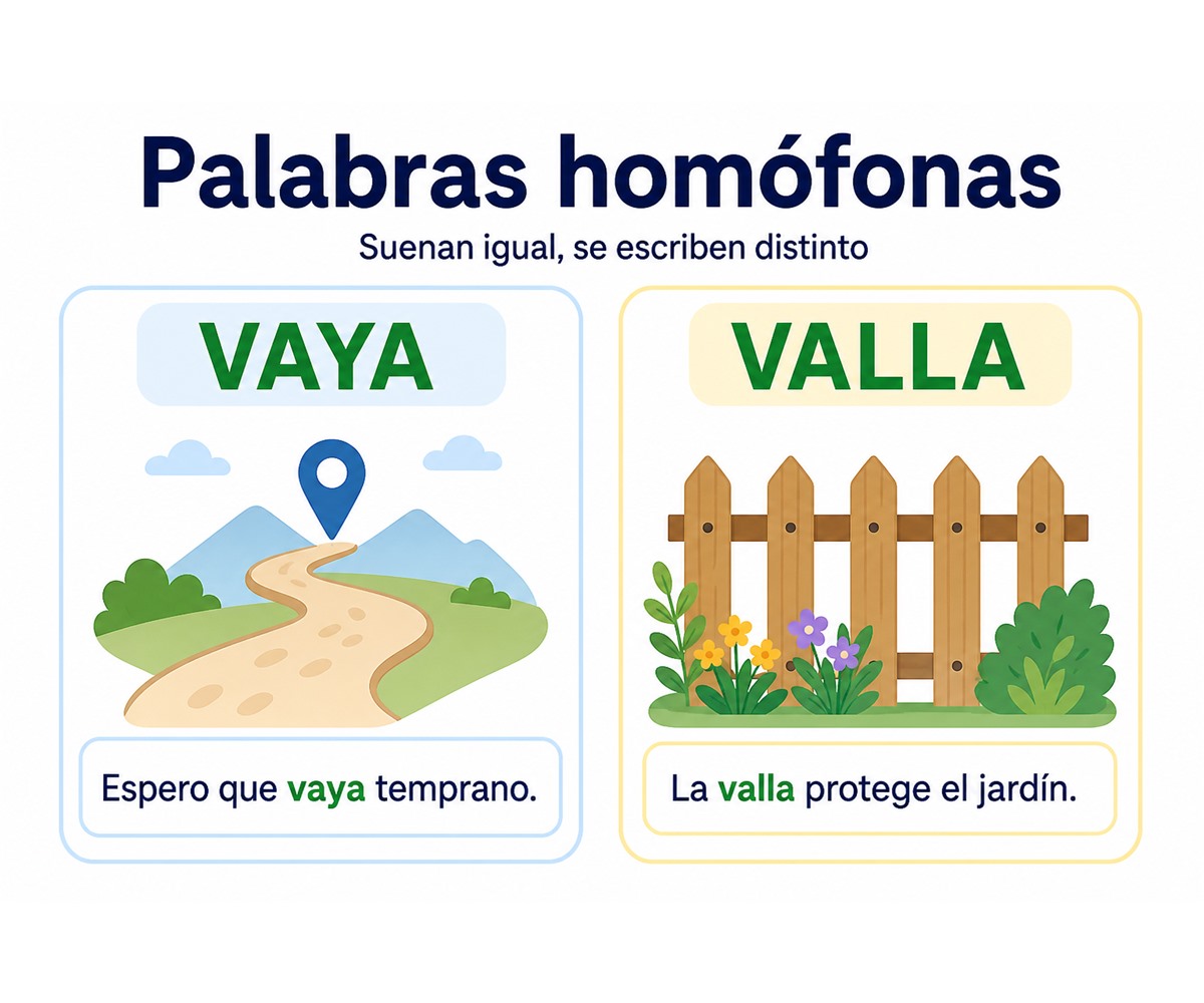 Infografía que compara vaya y valla mediante dos oraciones y sus significados.