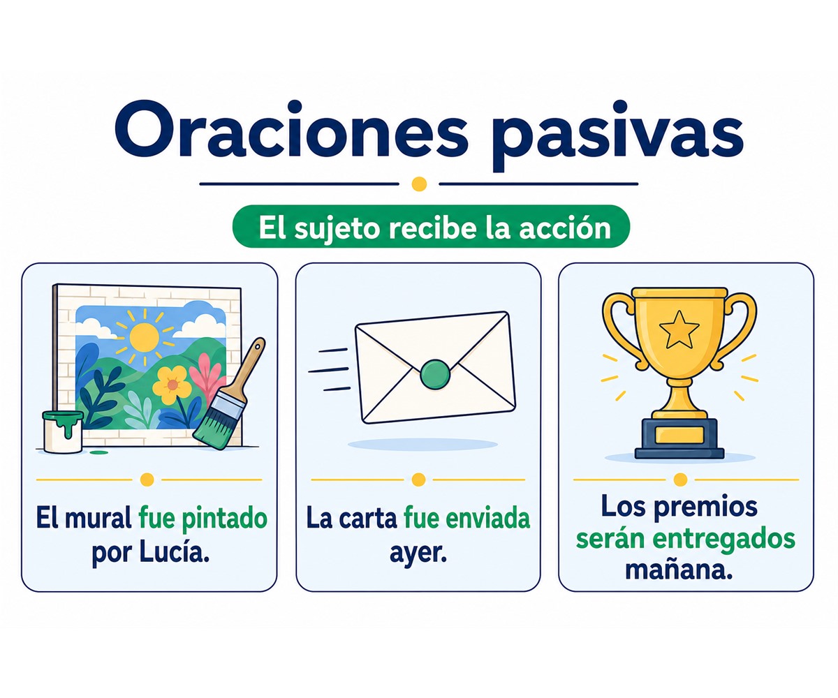 Infografía de oraciones pasivas en las que el sujeto recibe la acción.
