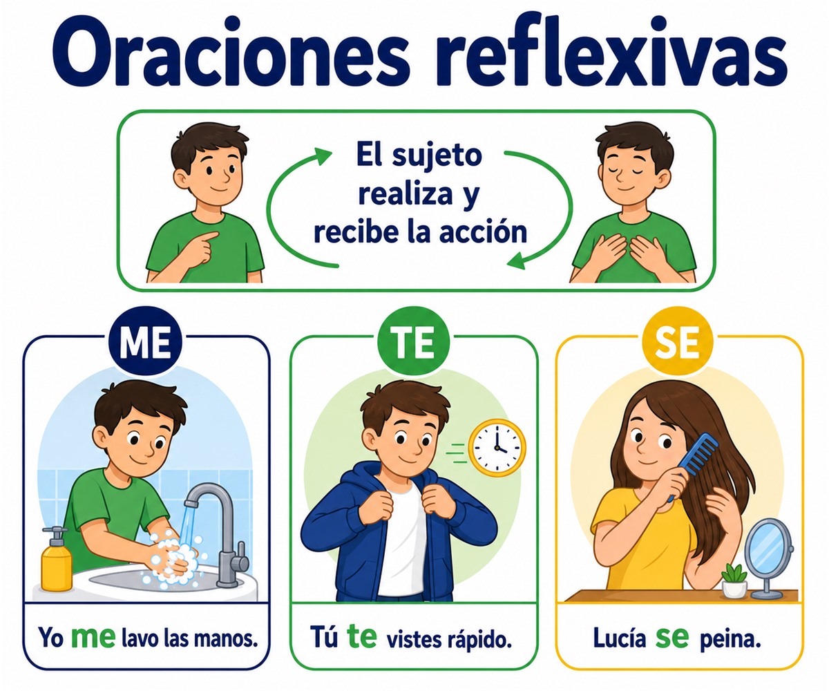 Infografía de oraciones reflexivas con los pronombres me, te y se.