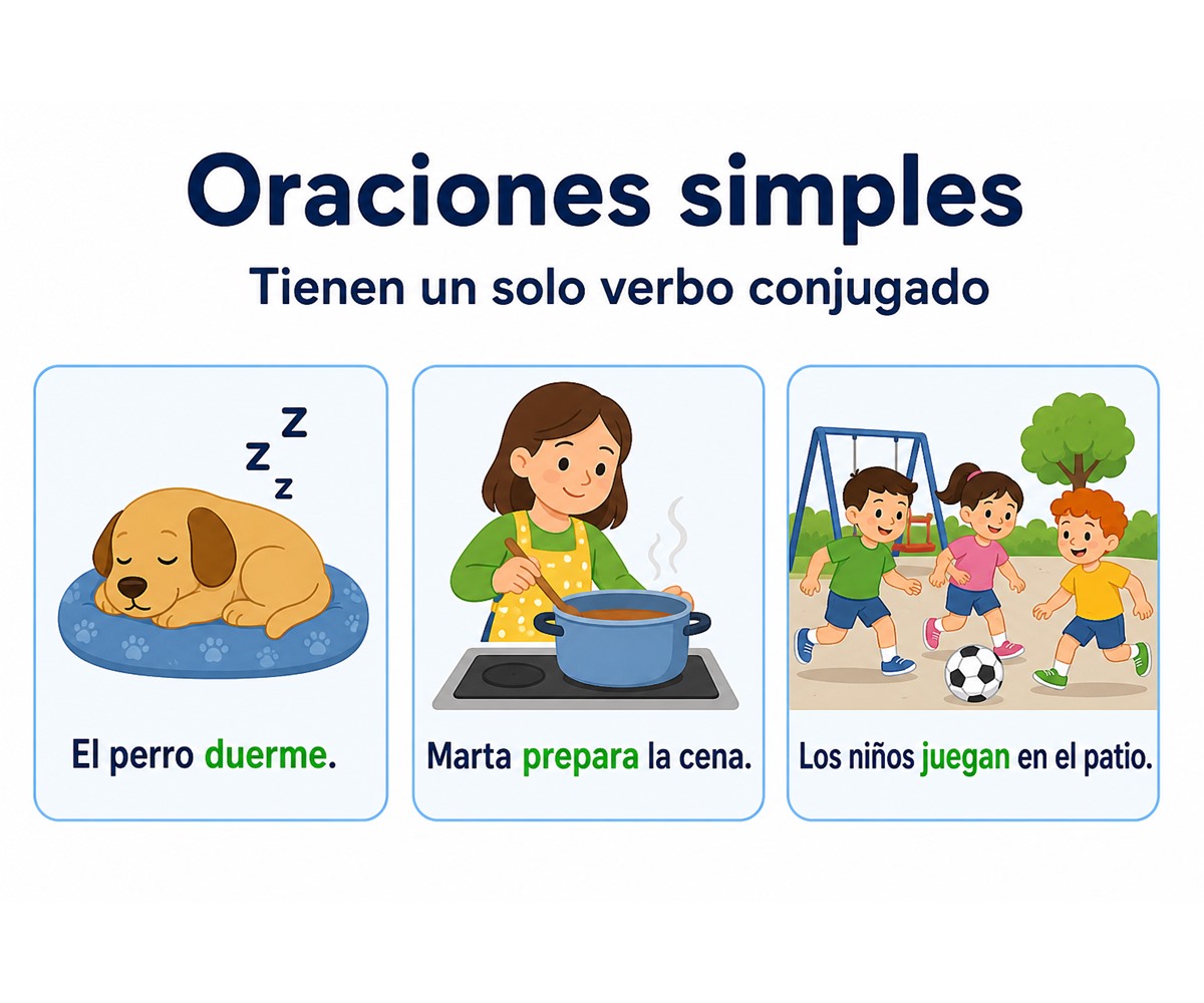 Infografía de oraciones simples con un solo verbo conjugado en cada ejemplo.