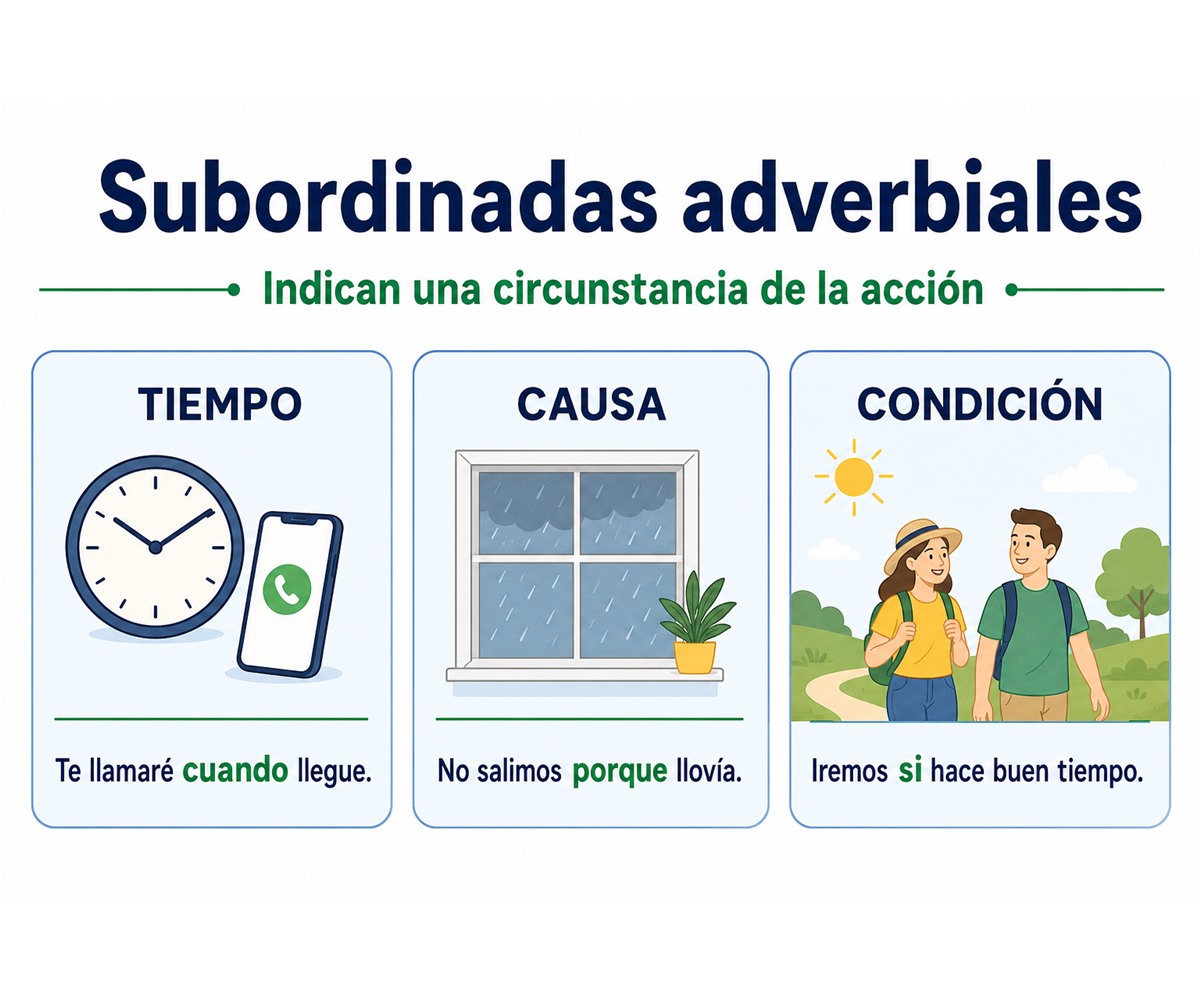 Infografía de subordinadas adverbiales de tiempo, causa y condición.