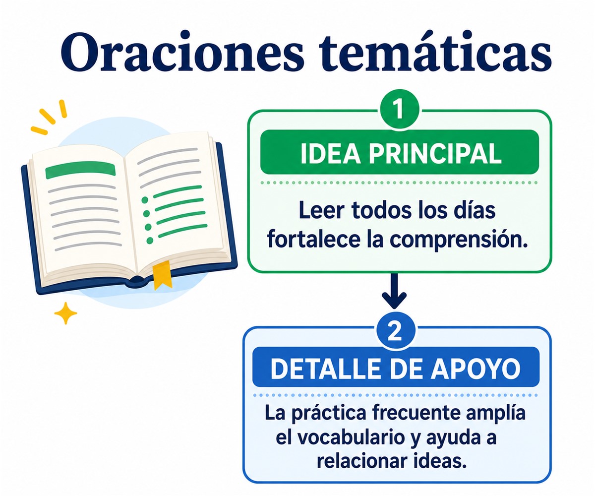 Infografía que diferencia la idea principal de un párrafo y su detalle de apoyo.