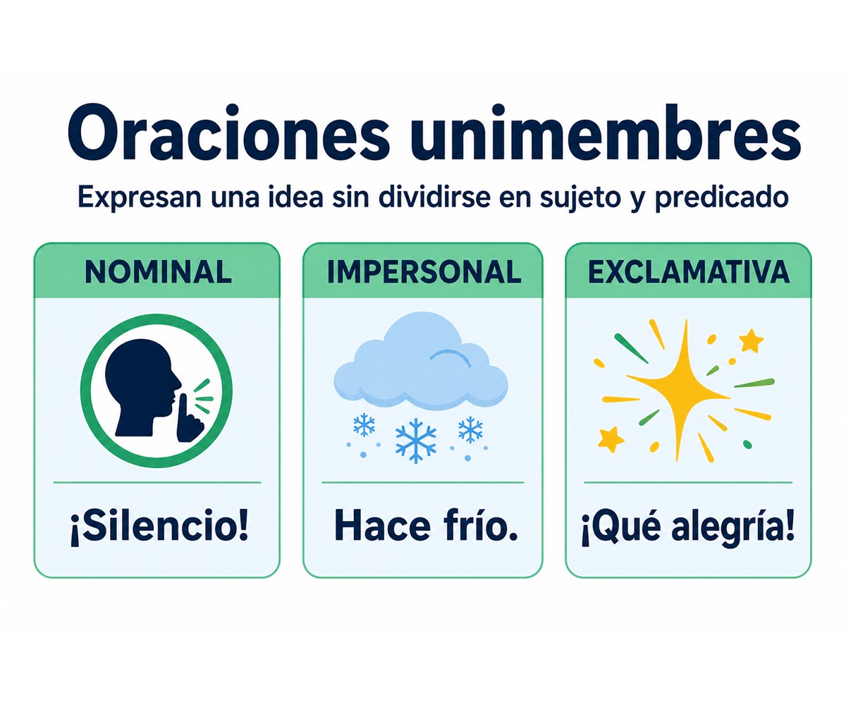 Infografía de oraciones unimembres nominales, impersonales y exclamativas.