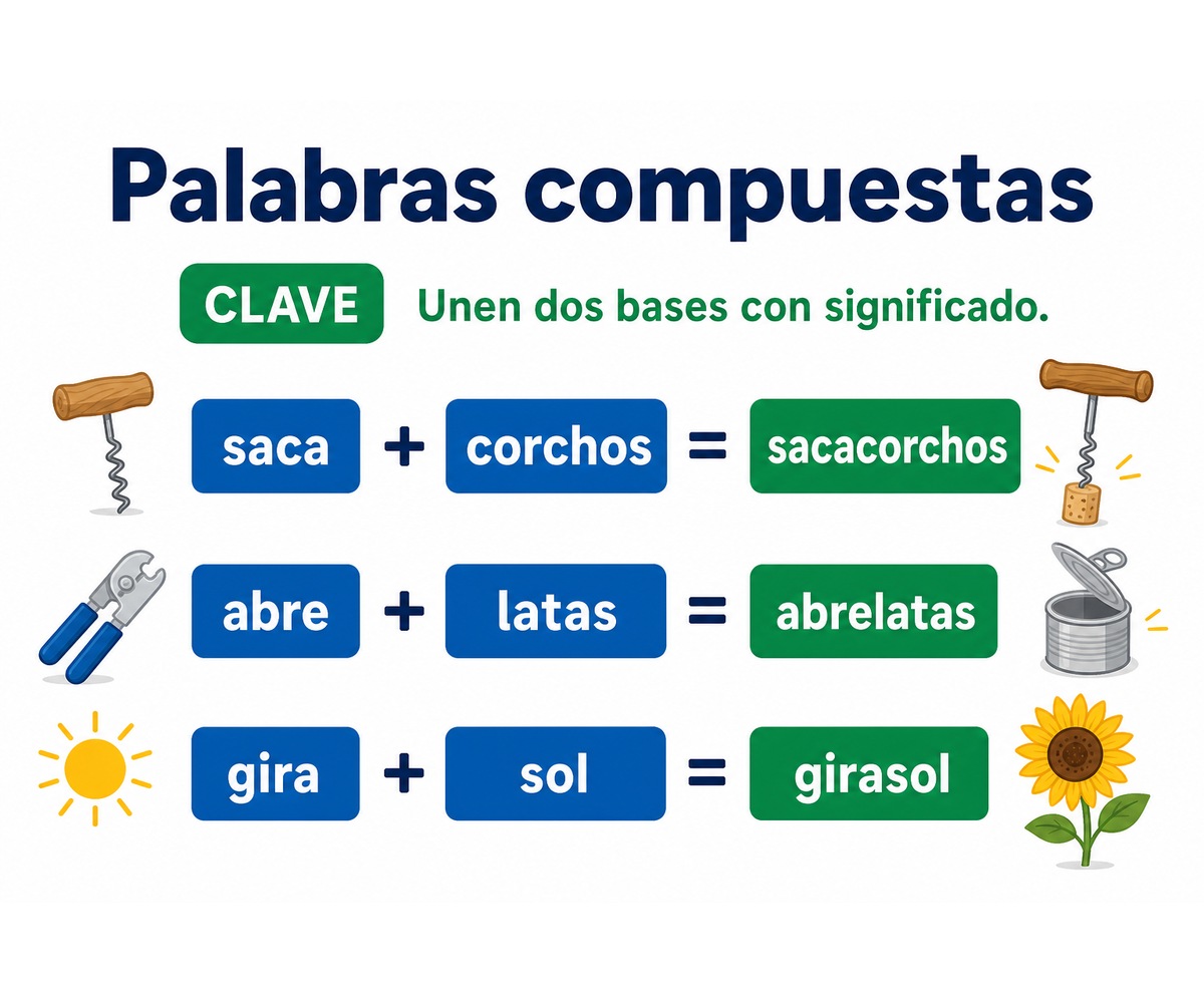 Infografía que muestra cómo saca y corchos forman sacacorchos, abre y latas forman abrelatas, y gira y sol forman girasol.