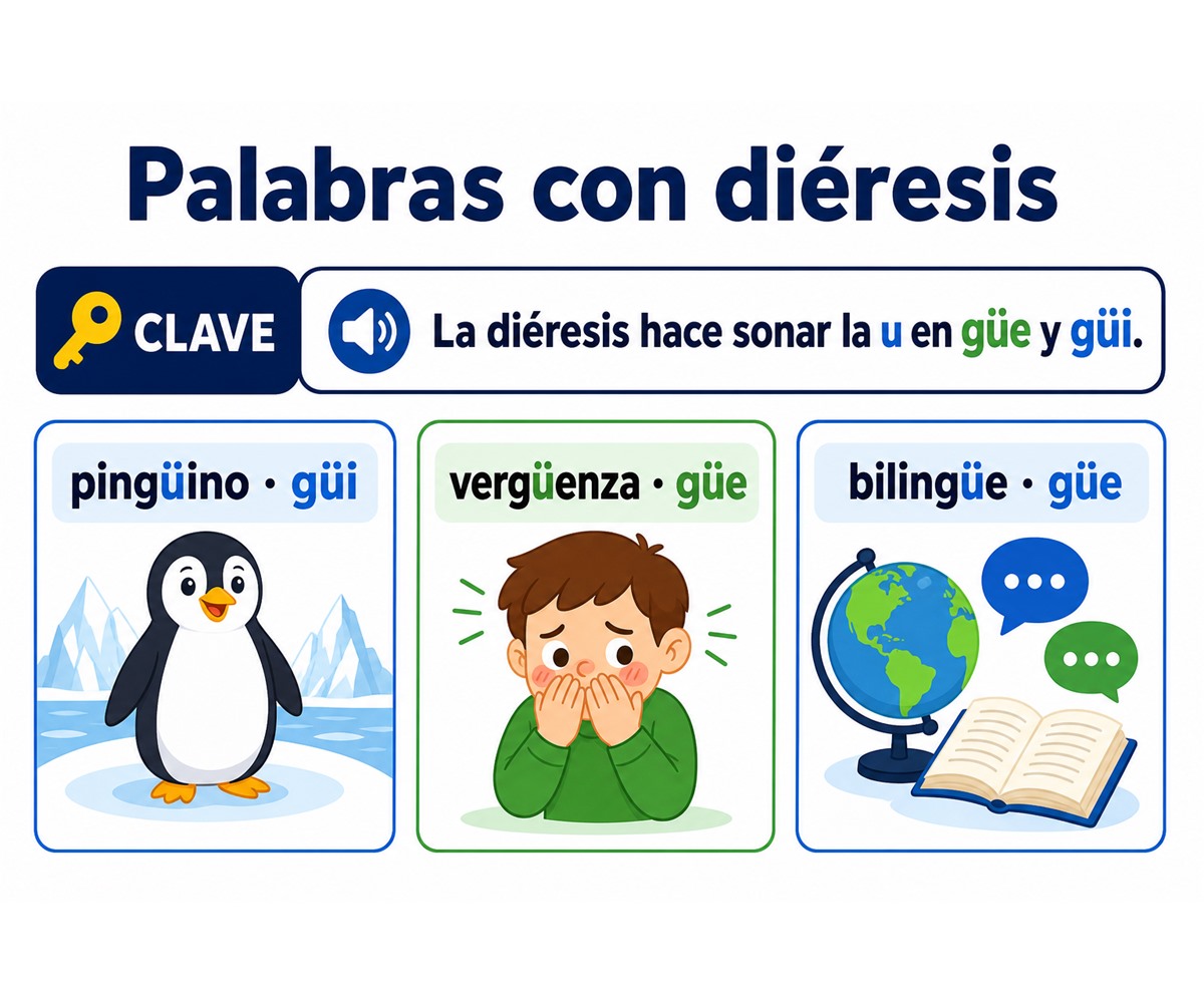 Infografía de palabras con diéresis: pingüino, vergüenza y bilingüe muestran que la u se pronuncia en güe y güi.