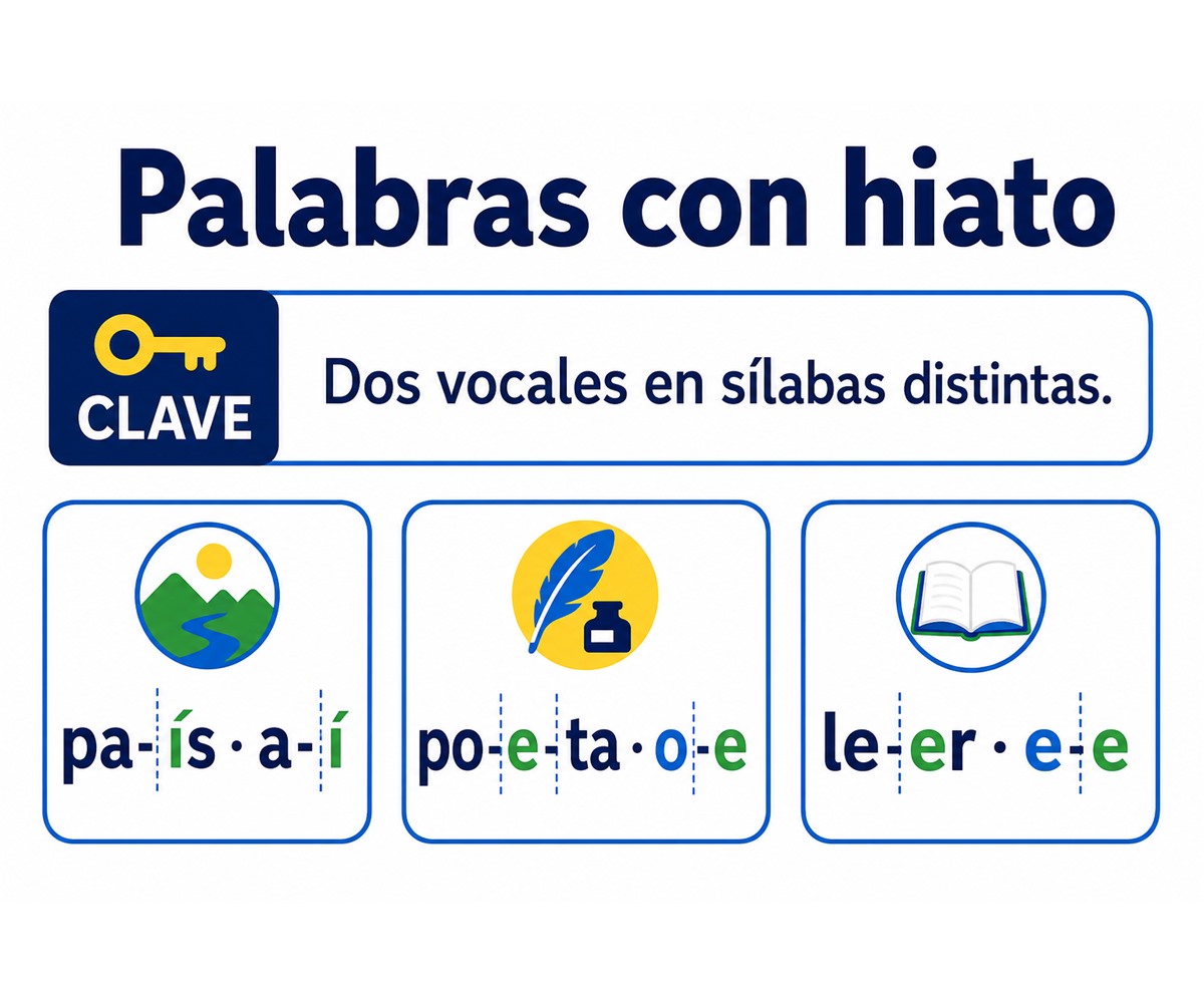 Infografía de palabras con hiato: país, poeta y leer separan dos vocales contiguas en sílabas distintas.