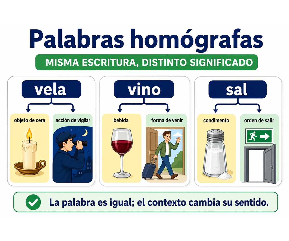 Infografía de palabras homógrafas con los distintos significados de vela, vino y sal.