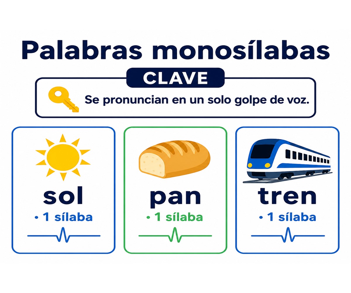 Infografía de palabras monosílabas: sol, pan y tren se pronuncian en un solo golpe de voz.
