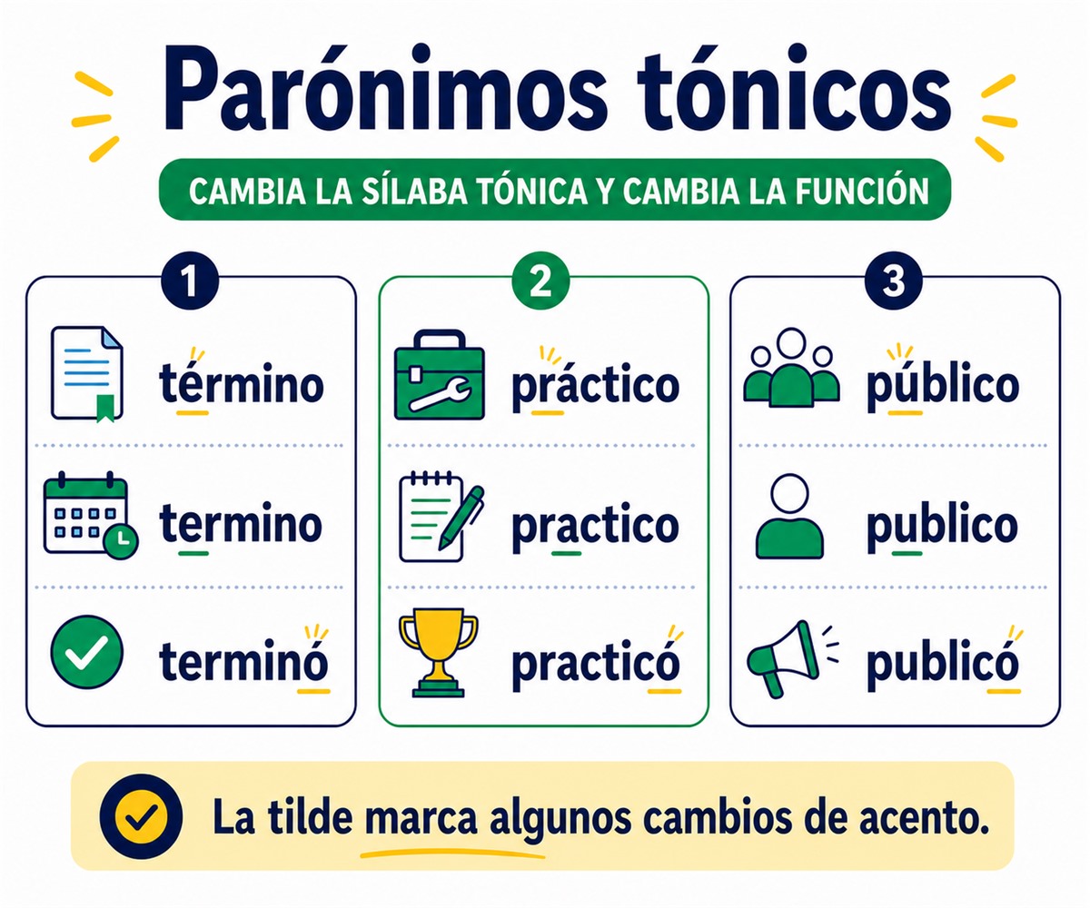 Infografía de parónimos tónicos con término, termino y terminó; práctico, practico y practicó; público, publico y publicó.