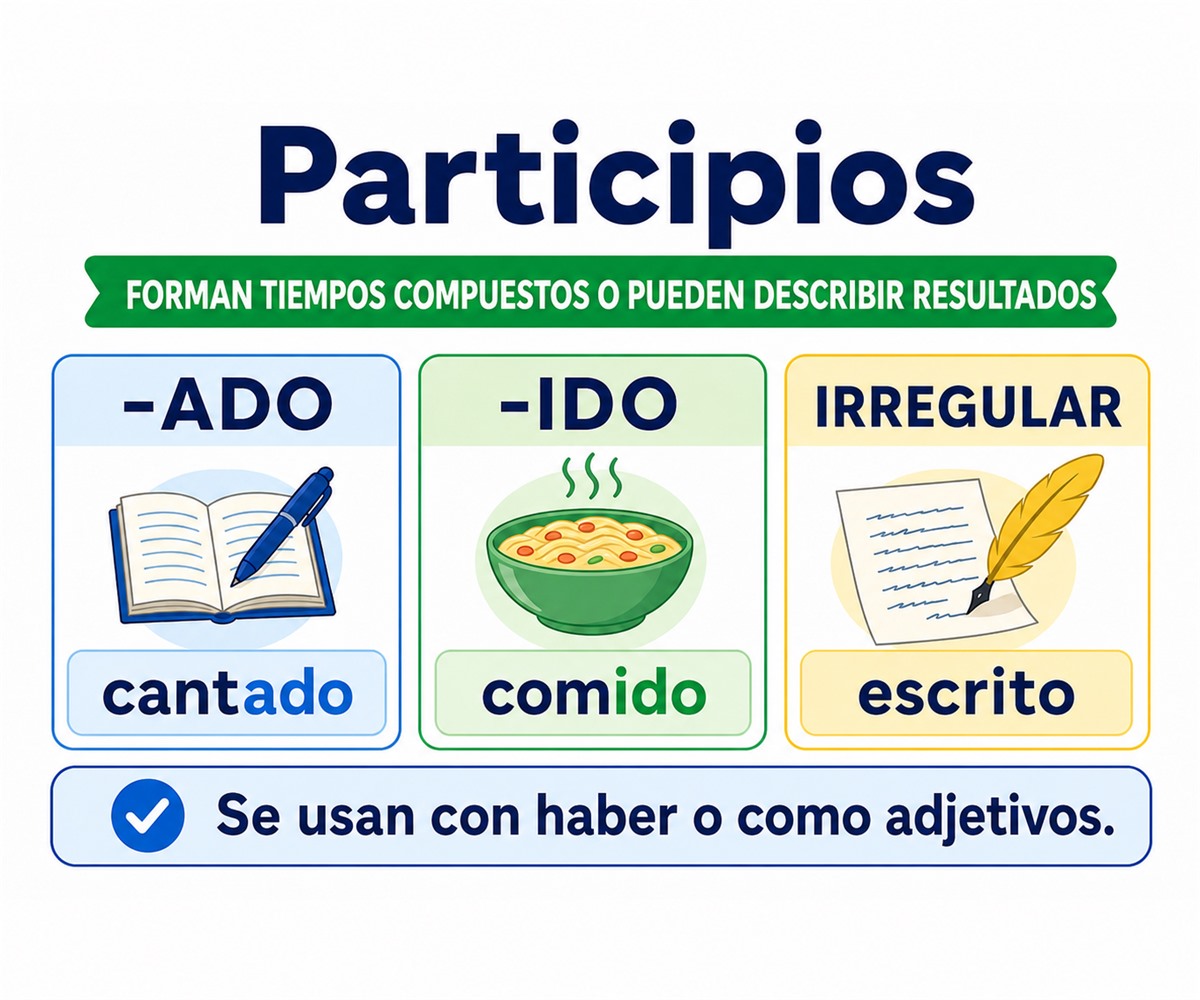 Infografía de participios con cantado, comido y escrito.