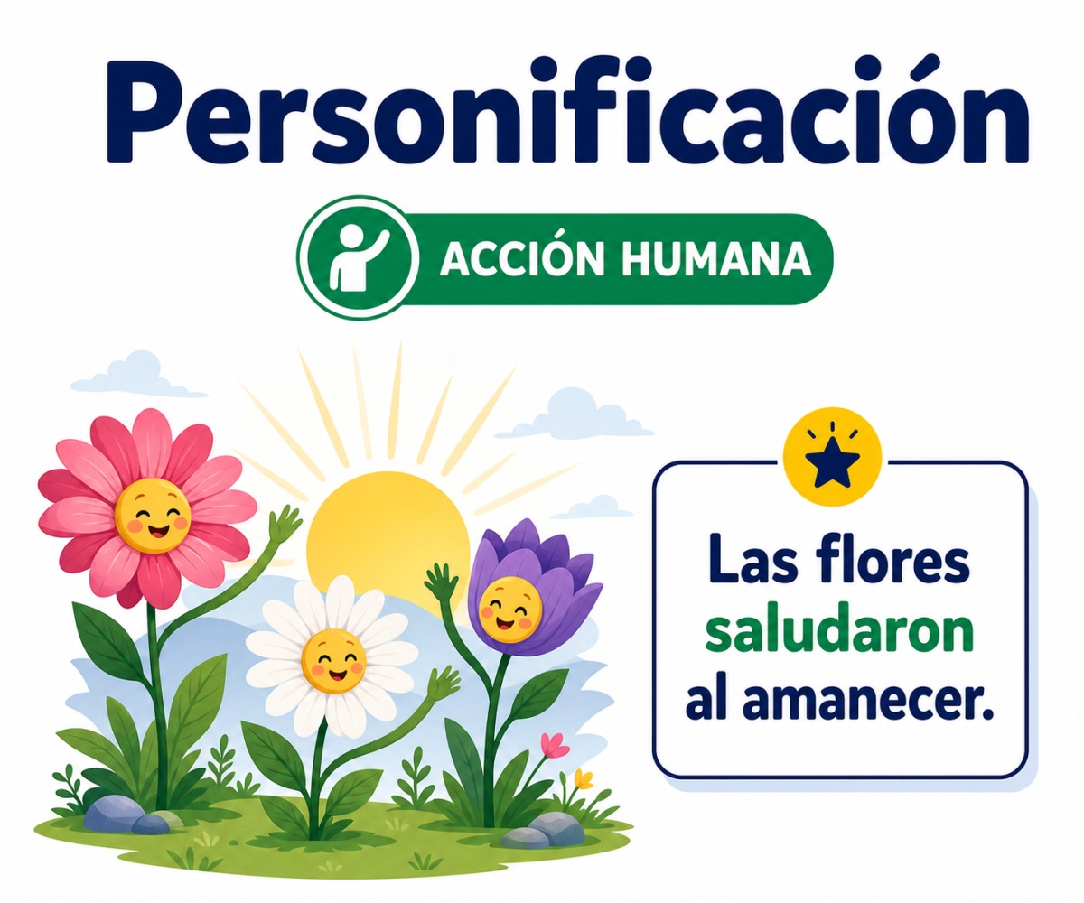 Infografía de personificación con flores que realizan la acción humana de saludar al amanecer.