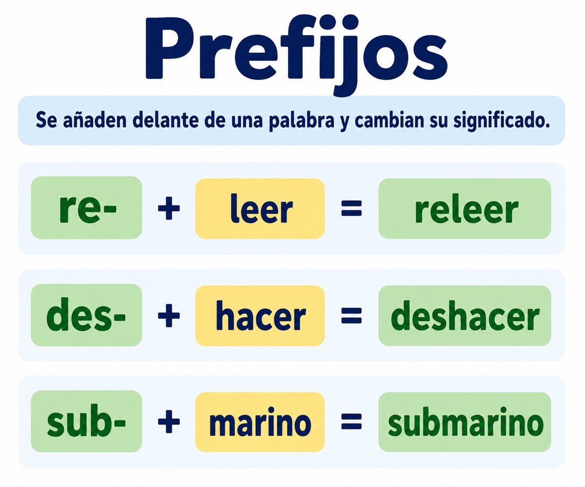 Infografía que muestra cómo los prefijos se añaden delante de una palabra y cambian su significado.