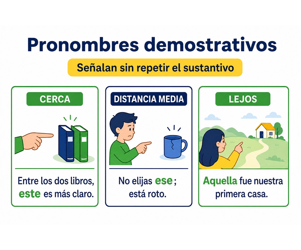 Infografía de pronombres demostrativos de cercanía, distancia media y lejanía dentro de oraciones.