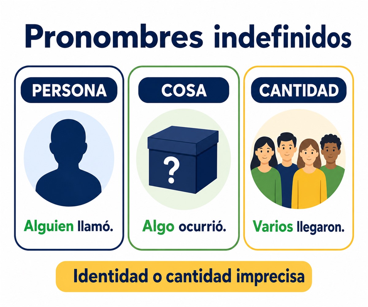 Infografía de pronombres indefinidos que representan personas, cosas y cantidades sin precisar su identidad o número.