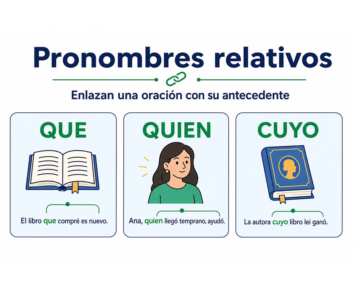 Infografía de pronombres relativos que, quien y cuyo dentro de oraciones.