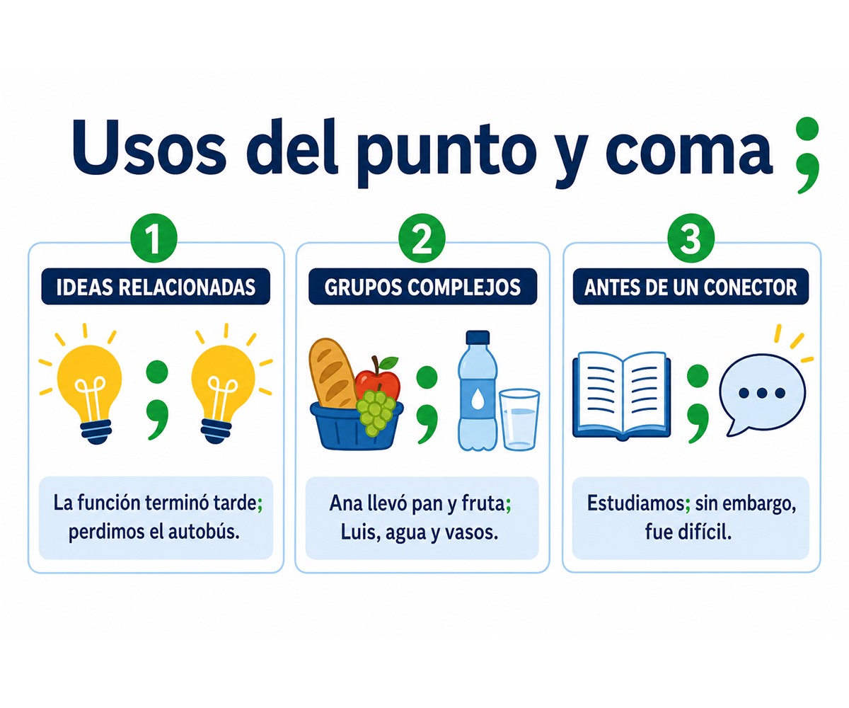 Infografía del punto y coma: relaciona ideas, separa grupos complejos y precede a conectores.