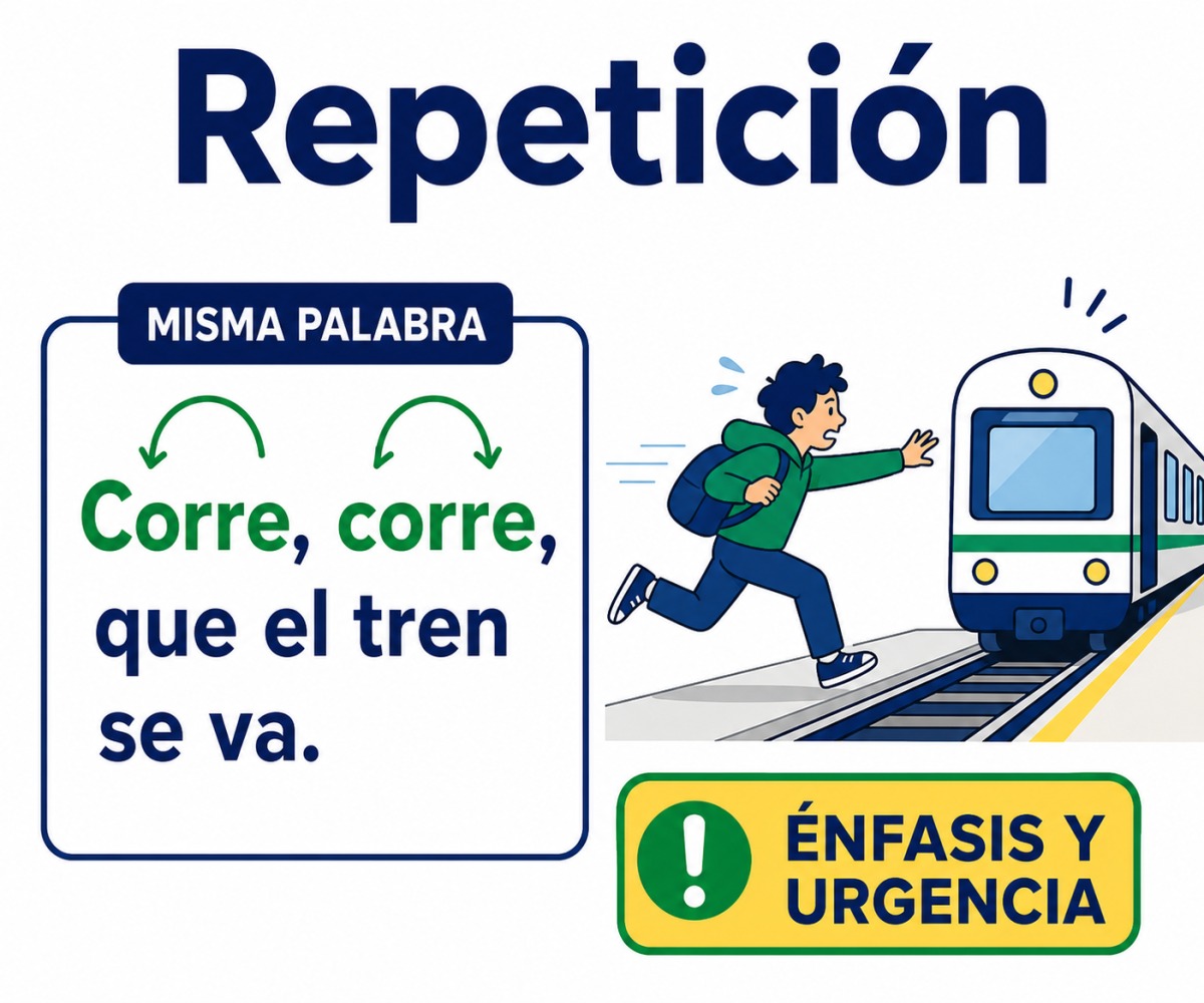 Infografía de repetición que muestra cómo «Corre, corre» aporta énfasis y urgencia.