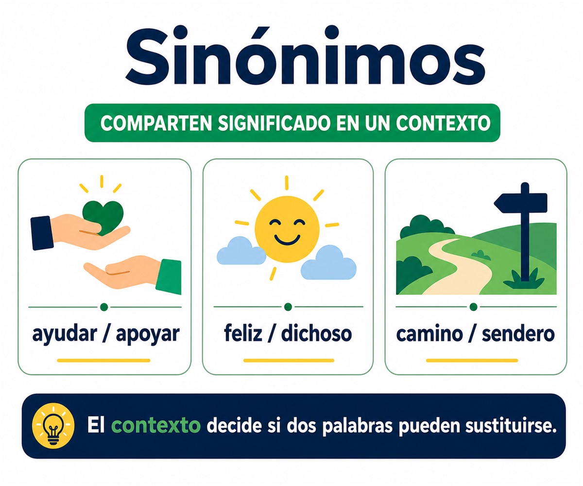 Infografía de sinónimos con ayudar y apoyar, feliz y dichoso, camino y sendero.
