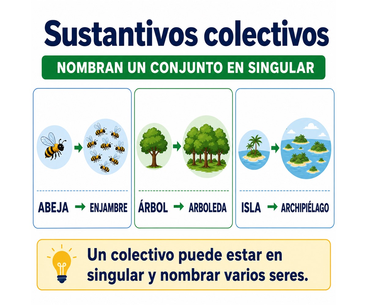 Infografía de sustantivos colectivos con abeja y enjambre, árbol y arboleda, isla y archipiélago.