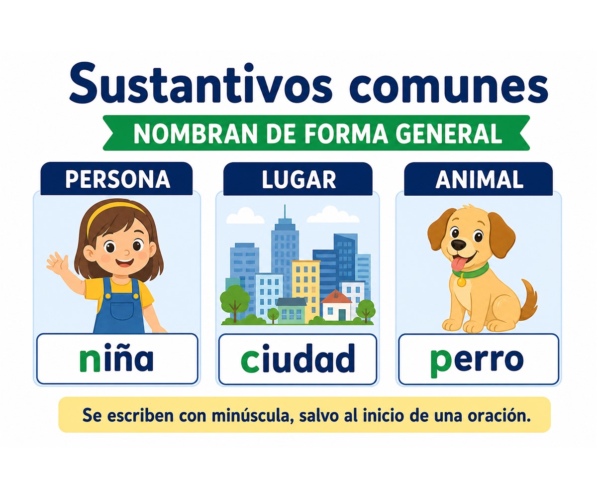 Infografía de sustantivos comunes con los ejemplos niña, ciudad y perro.