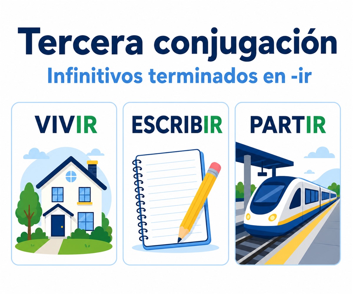Infografía sobre la tercera conjugación con los verbos vivir, escribir y partir, terminados en -ir.