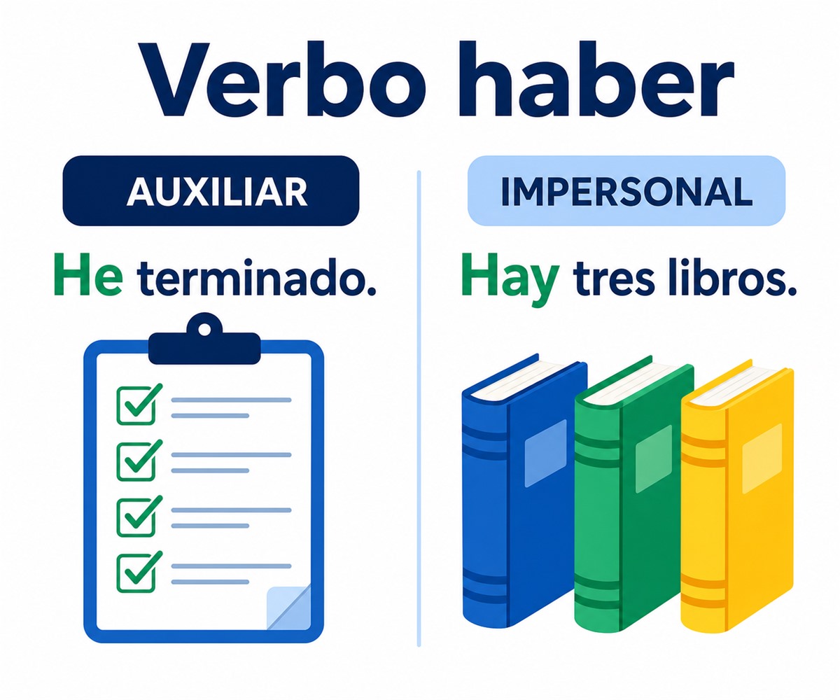 Infografía que compara el uso auxiliar e impersonal de haber con He terminado y Hay tres libros.