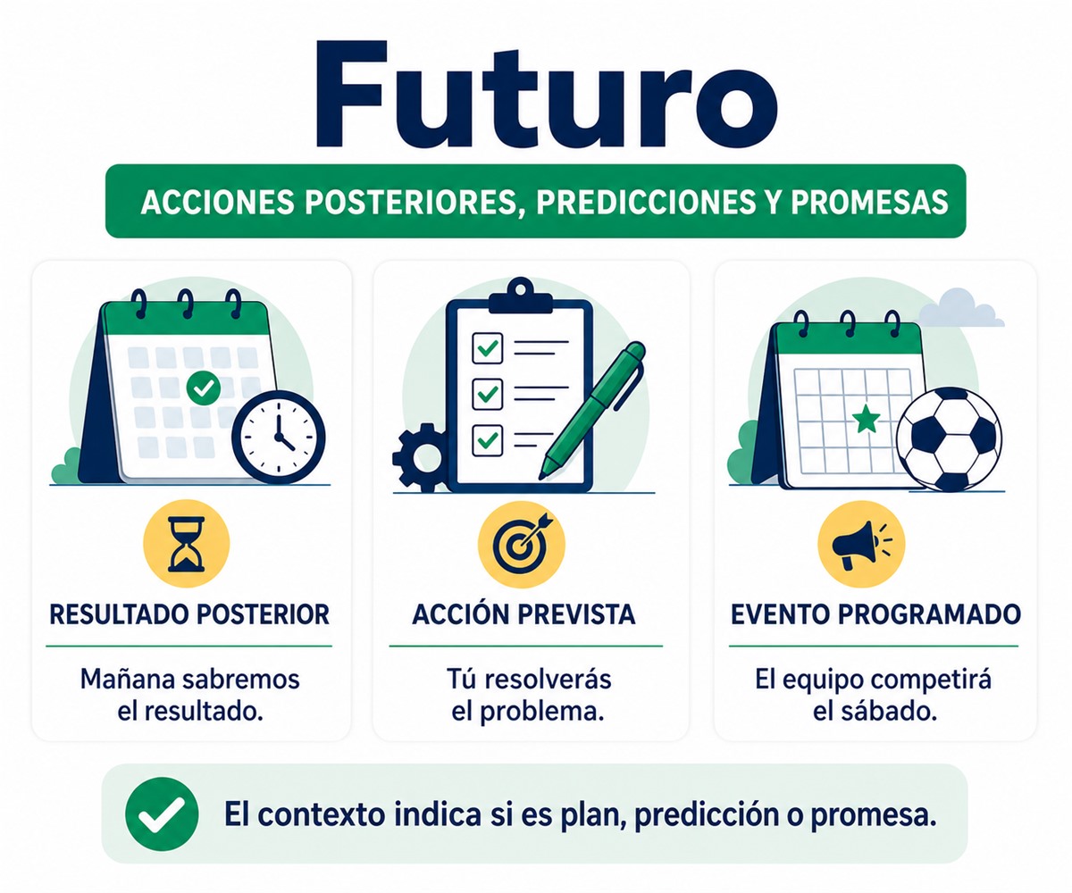Infografía del futuro con sabremos, resolverás y competirá para acciones posteriores, predicciones y promesas.