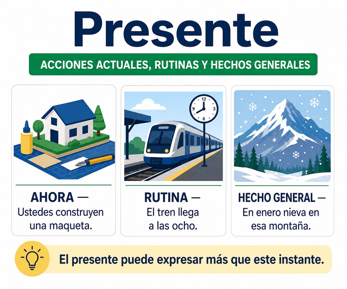 Infografía del presente con construyen, llega y nieva para acciones actuales, rutinas y hechos generales.