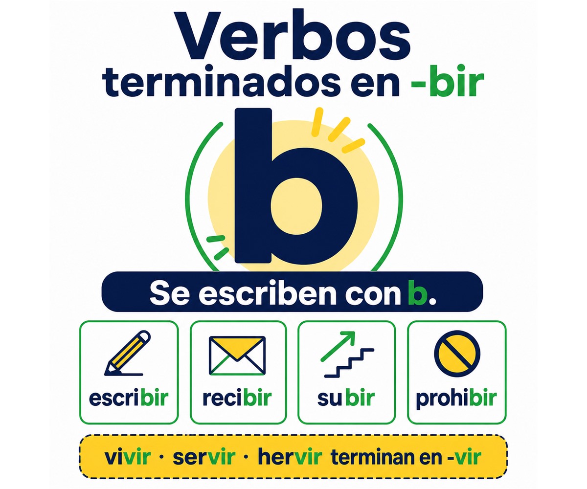 Infografía con la regla y ejemplos de verbos terminados en -bir.