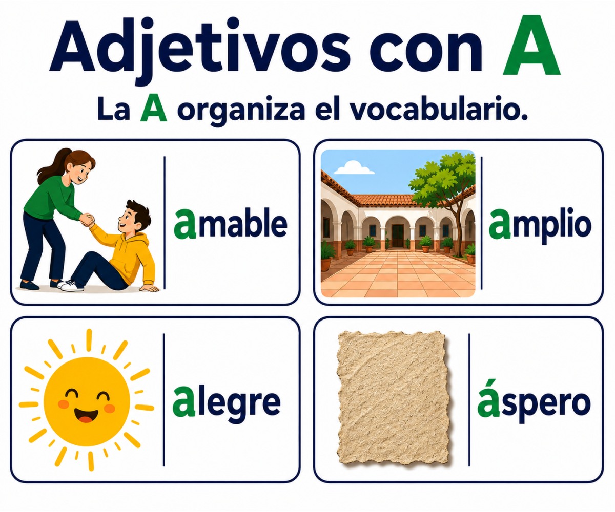 Infografía con los adjetivos amable, amplio, alegre y áspero como vocabulario con A.