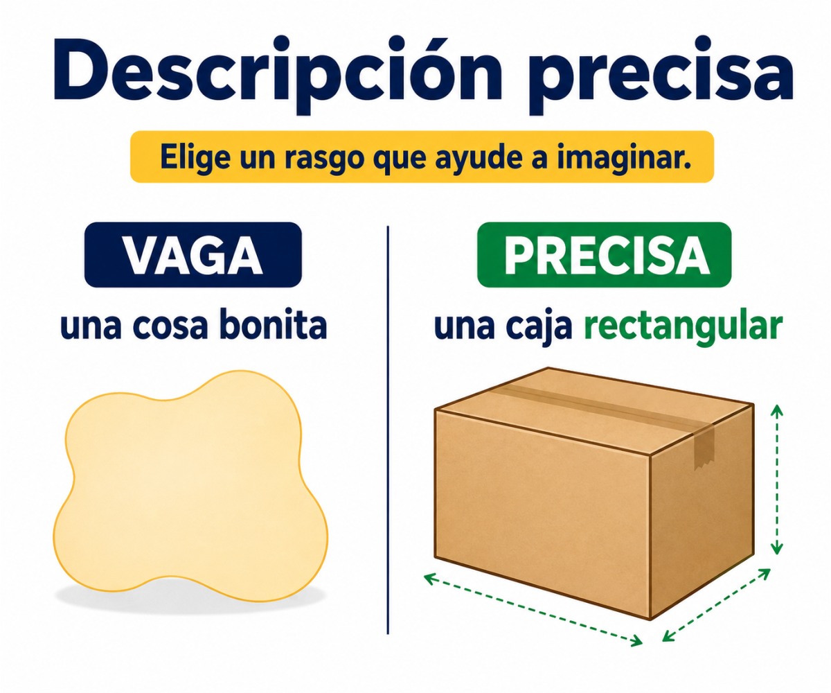Infografía que compara una descripción vaga con una caja rectangular como descripción precisa.