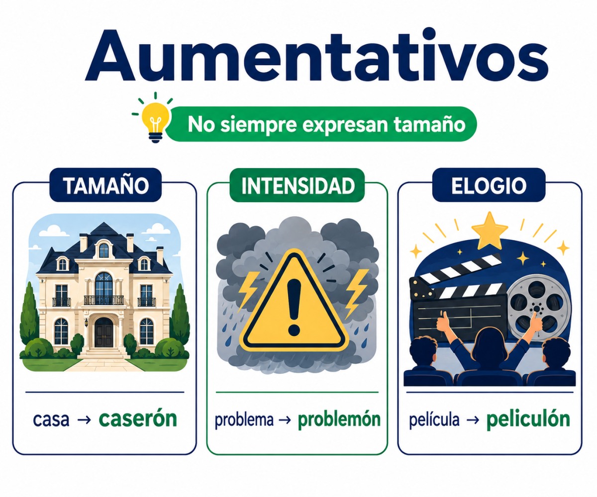 Infografía de aumentativos con ejemplos de tamaño, intensidad y elogio.