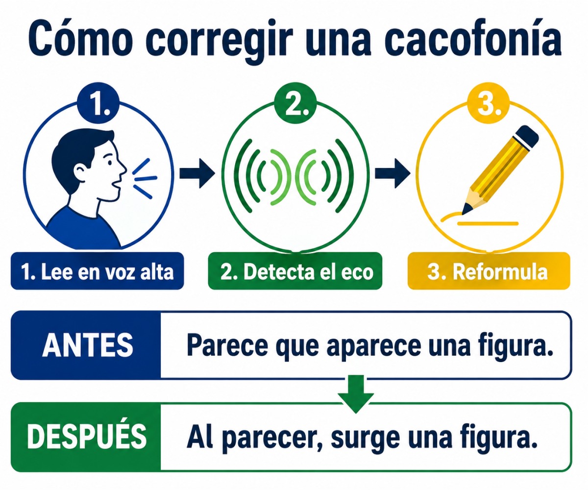 Infografía con tres pasos para detectar y corregir una cacofonía.